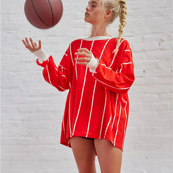 NWT FREE PEOPLE MOVEMENT Home Game Stripe Layer Top Split Back Large Red Combo - Picture 1 of 5